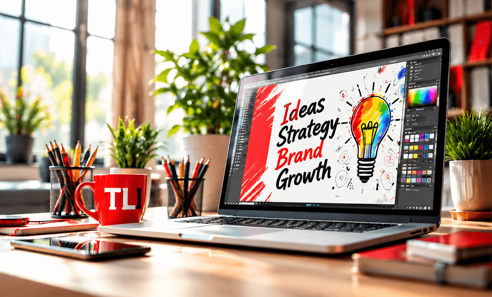 Laptop and red TLI cup on a creative workspace